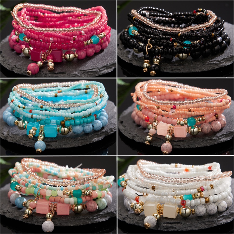 8pcs / Set Gelang Manik-Manik Batu Alam Multilayer Elastis Gaya Bohemian