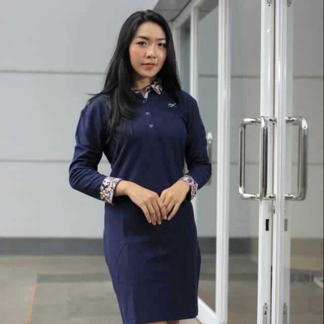 Dress Polo Batik Navy Wanita Modern M L XL XXL