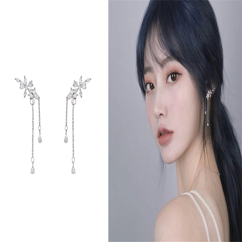 1 Pasang Anting Rumbai Panjang Bentuk Bunga Bahan Zirkon Gaya China Retro Untuk Wanita