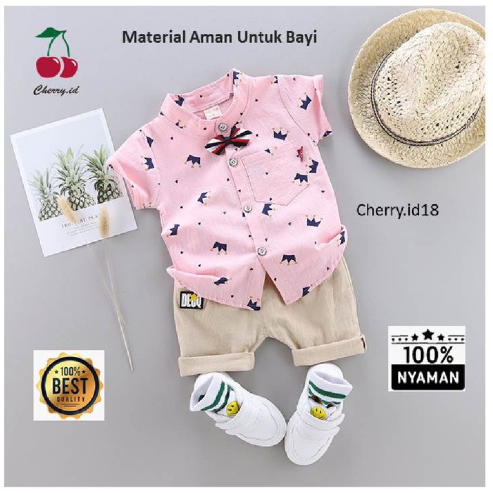 PROMO (0-2 Thn) COD Setelan Kemeja Baju Bayi Import Pakaian Baju Laki Laki - Merah Muda, 0-6 Bulan