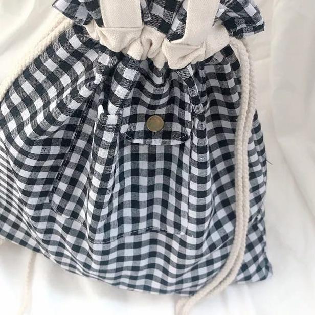 AC TBDSCK Drawstring Linen Canvas Drawstring Tote Bag Tas Serut Jinjing Bahu Kanvas Motif Kotak Oke
