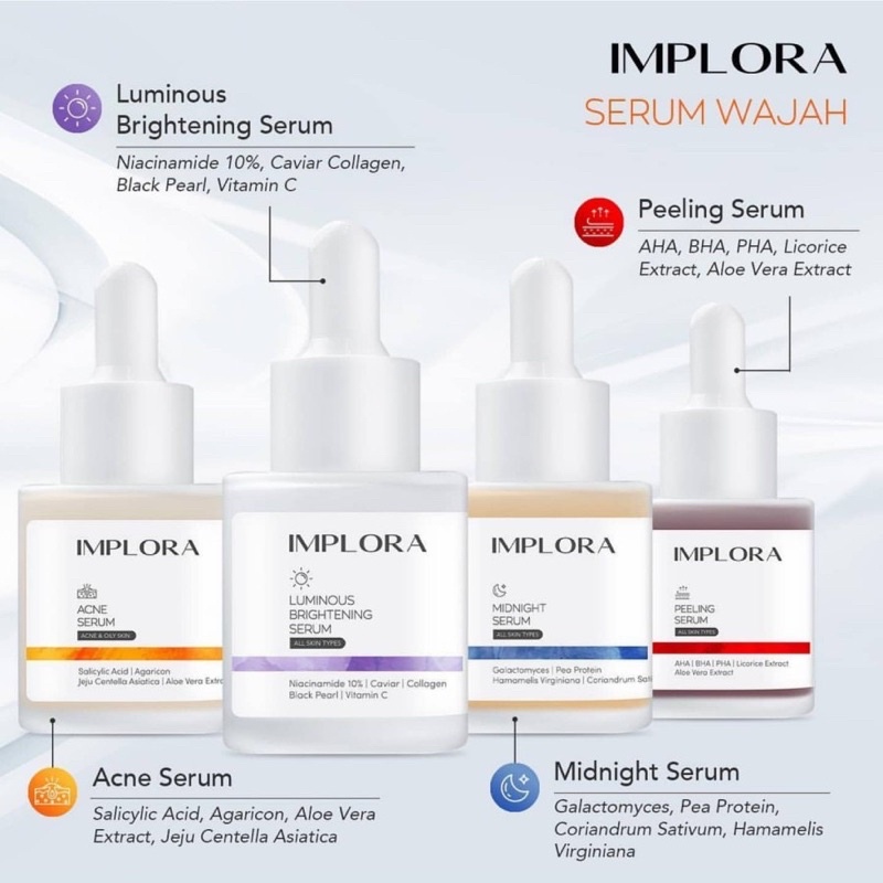 Implora Face Serum Acne Serum Anti Jerawat | Luminous | Midnight | Peeling AHA BHA PHA | Hydrating Serum