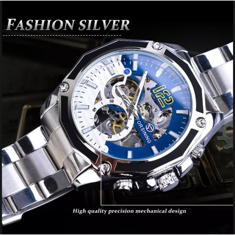 Jam Tangan Pria Original Otomatis Mekanik Forsining Sporty Bisnis Silver Blue