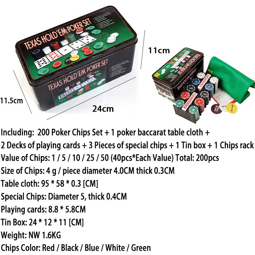 200PCS/Set Texas Holdem Poker Game / Mainan Kartu Poker / Casino Game Set Texas Hold em Chips Coins