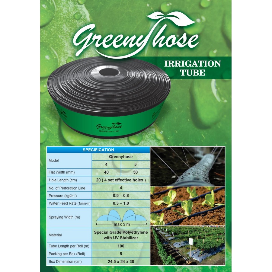 Selang Air Rain Hose  Irigasi Drip Berlubang Ukuran 4 Cm 3/4&quot; 100 Meter Merk Greeny Hose/ Kelapa Sawit *Wajib Baca  Deskripsi