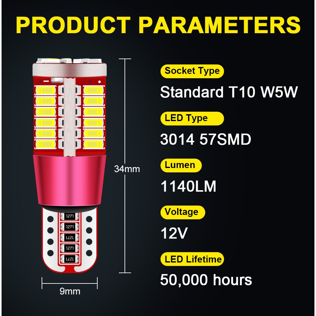 W5W led T10 LED Bulbs 57SMD 4014 For Car LED Lighting Parking Position Lights Interior Map Dome Lights 12V Bright White