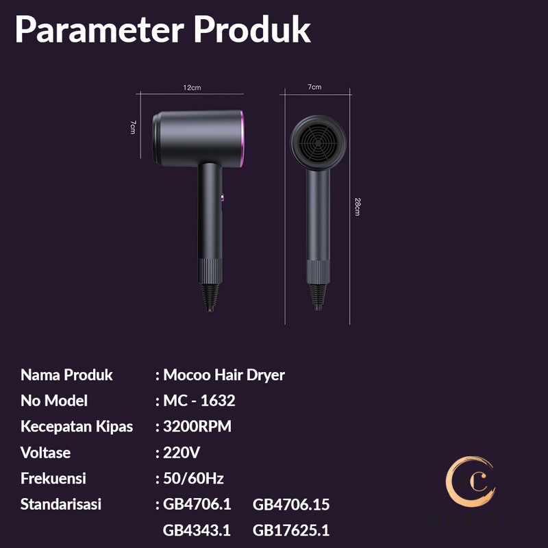 MOCOO Hair Dryer Ion Negatif Pengering rambut Kecepatan Tinggi 600W Household MC-1632