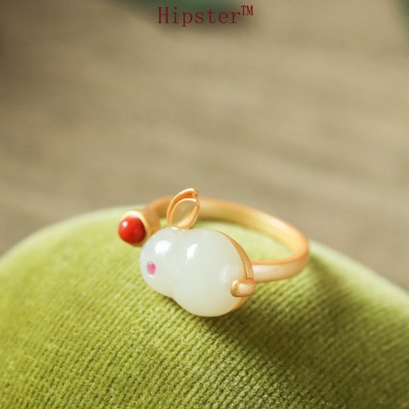 Set Natural Hetian Jade Ring Love Bunny Necklace Ear Stud Pendant