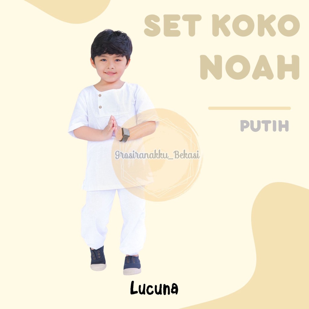 Setelan Koko Noah Putih Manasik Haji Anak Lucuna Size 1-5 Thn