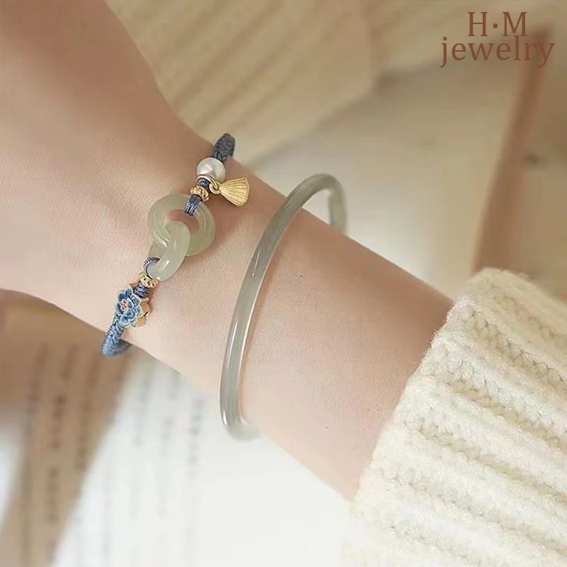 Gelang Tangan Batu Giok Hetian Aksen Mutiara Untuk Wanita