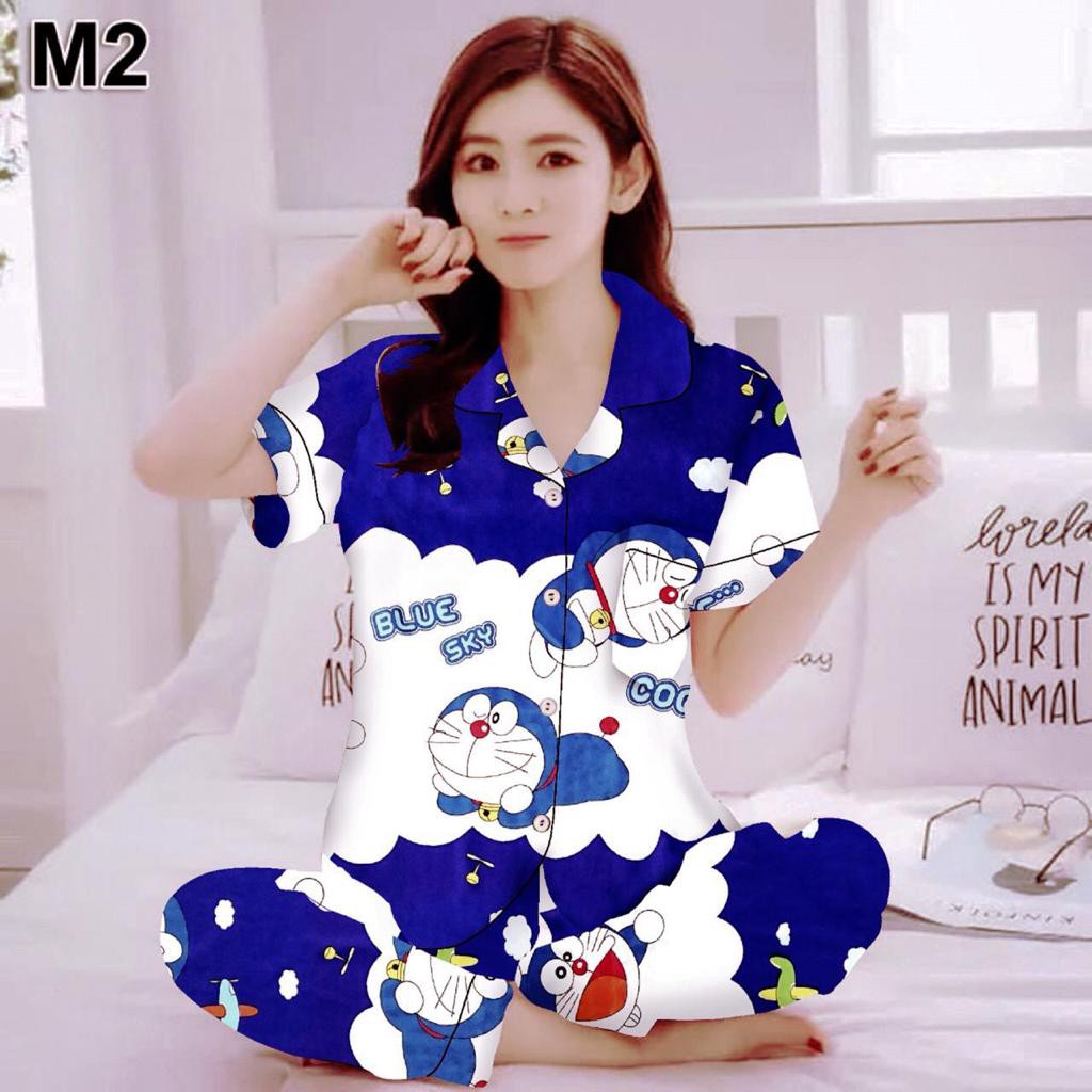 BJ - Piyama CP Wanita Murah - Bahan Katun - Baju Tidur Lengan Pendek Motif Karakter-Doraemon Awan - Navy