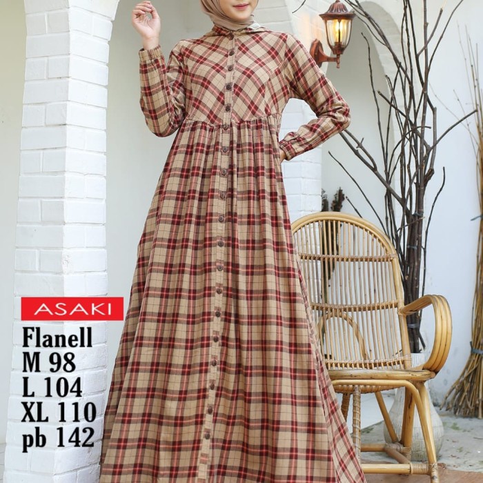 PREMIUM GAMIS FLANEL IMPORT ASAKI ORIGINAL - CREAM MERAH, M