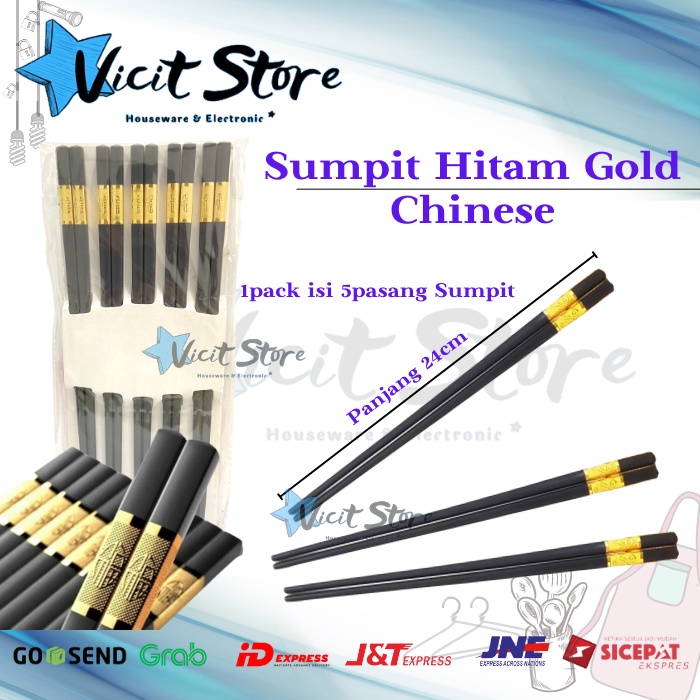 Sumpit Alloy Hitam Ukiran Emas High Quality Paket 5Pasang