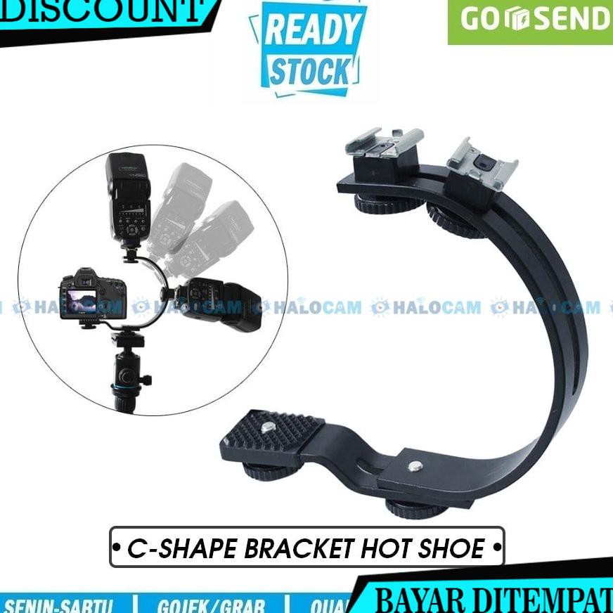(BAYAR DITEMPAT) C-SHAPE BRACKET GRIP WITH 2 HOT SHOE FOR FLASH SPEEDLITE, MICROPHONE NA2904