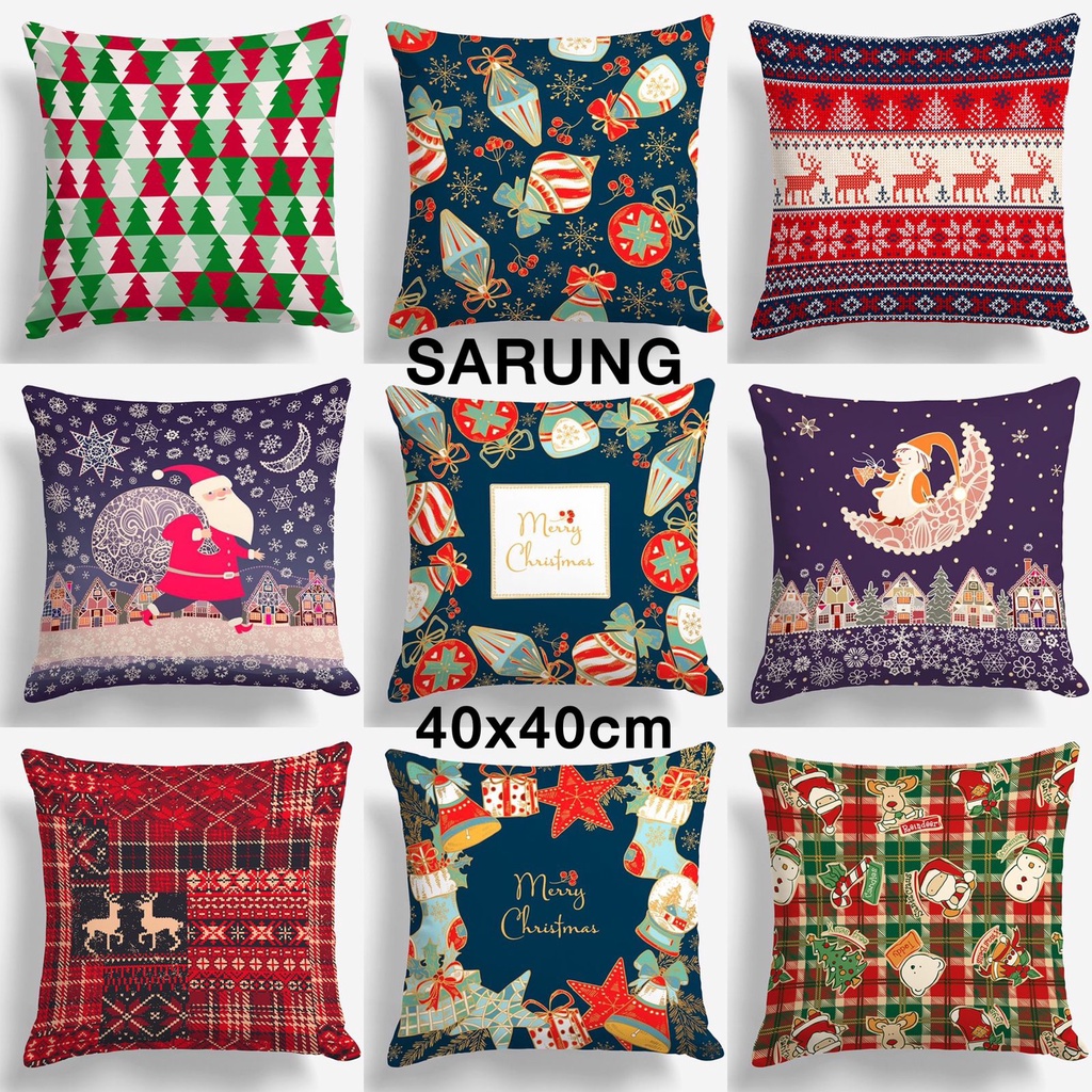 SARUNG BANTAL SOFA PRINT MOTIF NATAL CHRISTMAS HOLIDAY SNOWMAN SANTA CLAUSE 40X40 CM