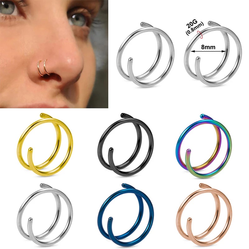 Cincin Tindik Hidung Bahan Stainless Steel Model Double Layer Gaya Hip Hop Punk Untuk Pria Dan Wanita