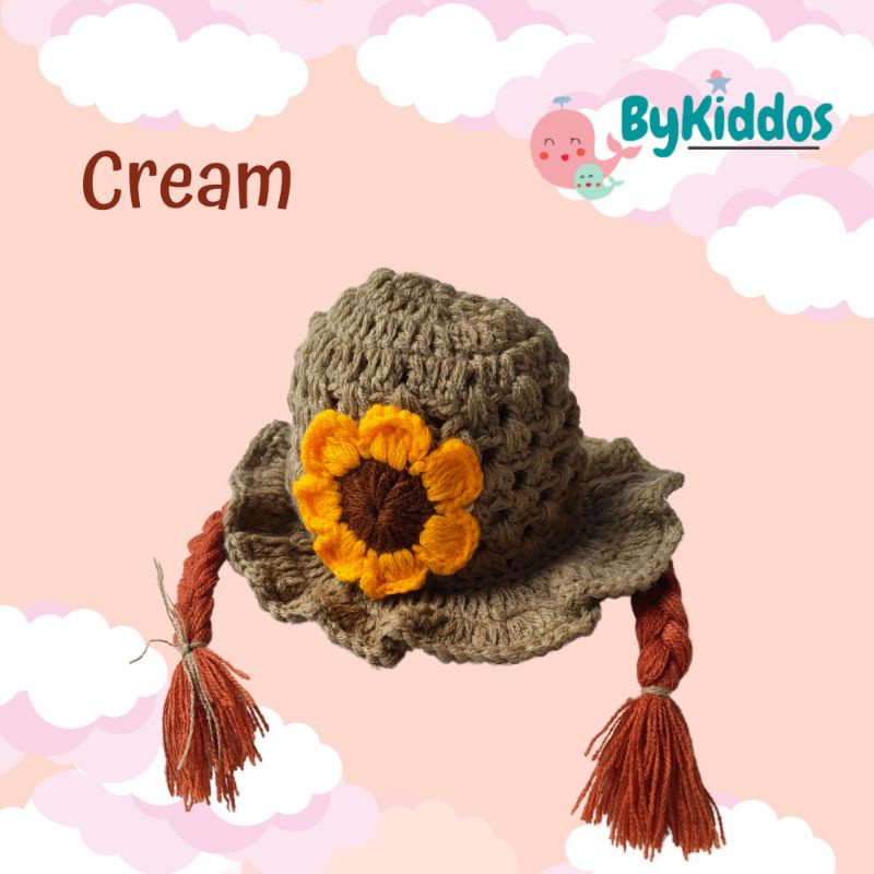 Topi Bayi Kupluk Wig Kepang Bunga Pita wig usia 6-24 Bulan