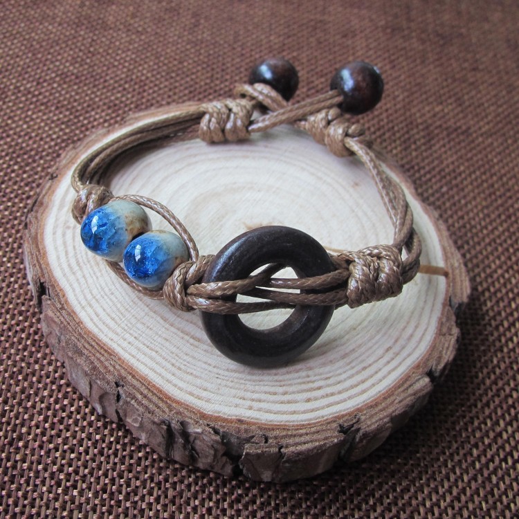 Gelang Etnik GK-18 Batu Keramik Round Wood Biru