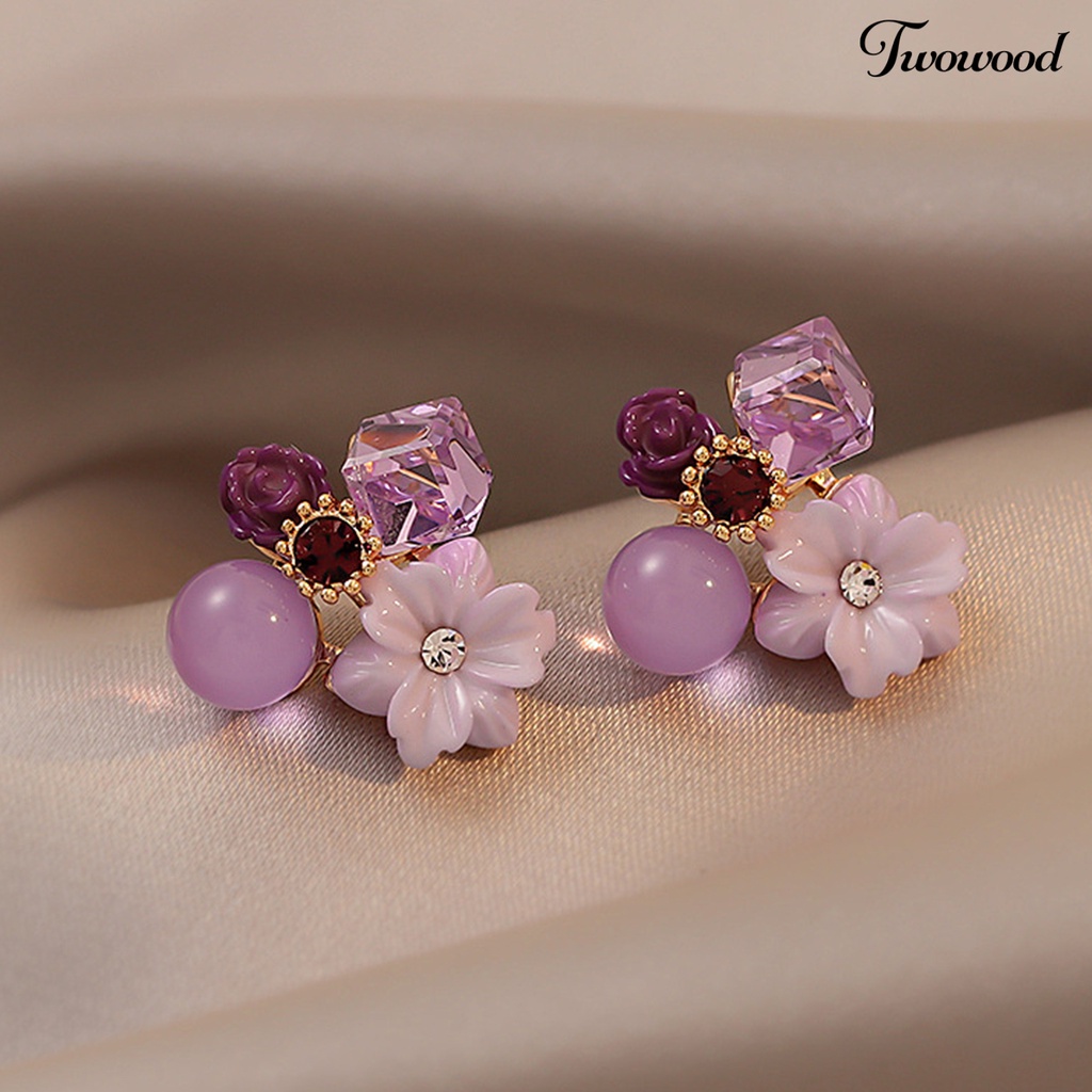 Twowood 1 Pair Women Ear Studs Flower Rhinestone Jewelry Cubic Faux Crystal Stud Earrings for Dating