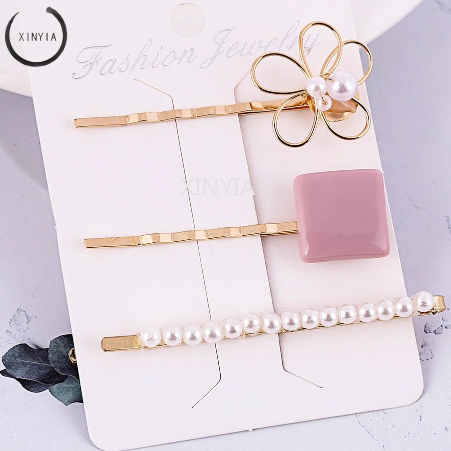 【5 Groups】3pcs/set Korea Jepit Rambut Bunga Metal Pearl Hairpin Clip Hairclip