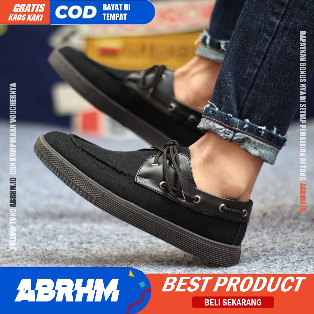 ABRHM- Sepatu Kasual Pria Kantor Loafers Fashion Hitam Kanvas Sepatu Pria Casual Sepatu Kerja Kantor Semi Formal Kuliah Kondangan Gaya keren Kekinian Murah Terlaris