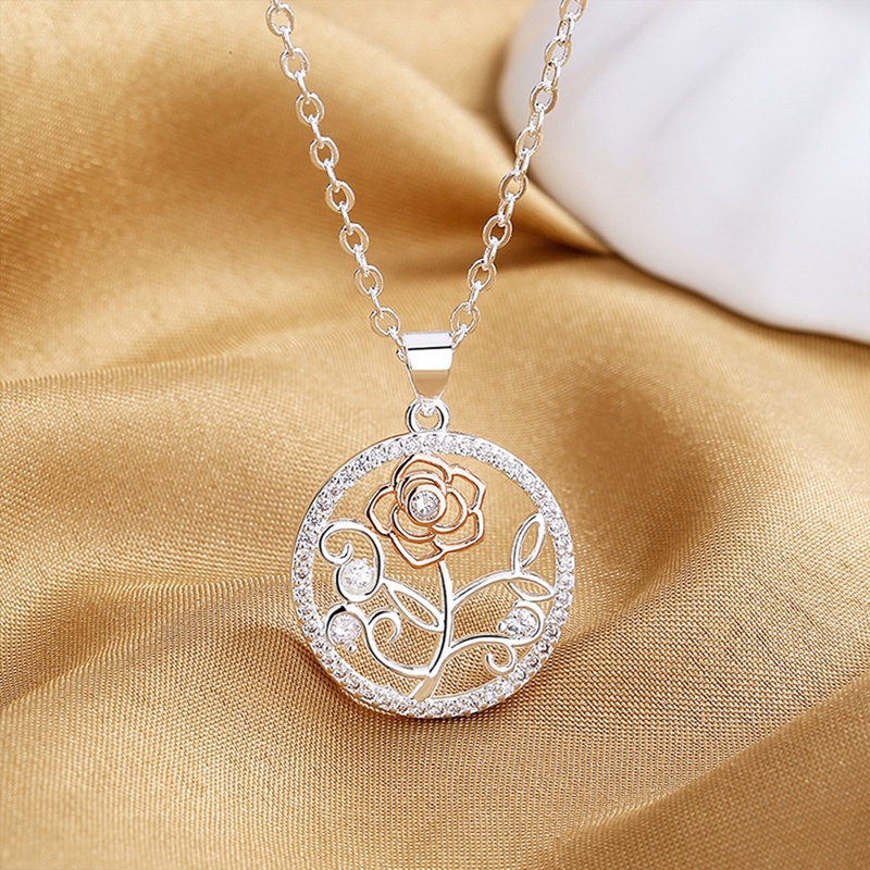 Kalung Rantai Sterling Silver 925 Dengan Liontin Bunga Mawar Bulat Untuk Wanita