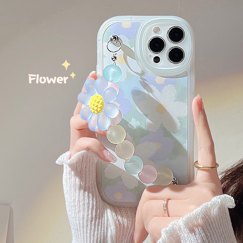 Soft Case Desain Bunga Daisy 3D Dengan Rantai Manik-Manik Anti Hilang Untuk Iphone 7 8 PLUS X XR XS 11 12 13 14 MINI PRO MAX SE