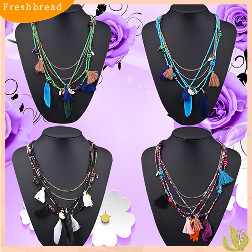 [TERLARIS]Women's Boho Ethnic Style Feathers Tassels Beads Multi-layer Chain Necklace