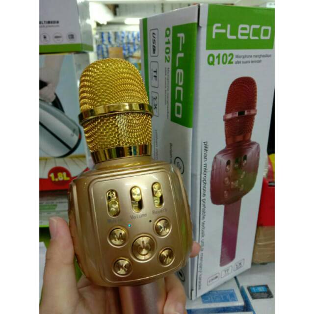 MIC BLUETOOTH KARAOKE FLECO Q102 ORIGINAL/MICROPHONE PORTABLE KTV LED/MIKROFON SMULE WIRELES SPEAKER