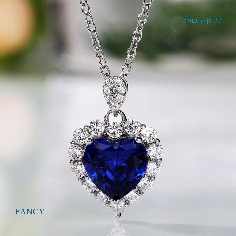 （Alloy）Kalung Inlaid Sapphire Bentuk Hati Untuk Wanita