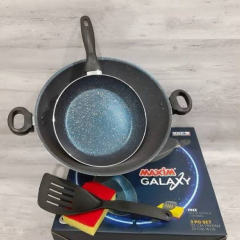 Wajan Set Maxim Galaxy Set 2pcs Wajin Frypan Teflon Spatula Sponge Wajan Galaxy Maxim Set