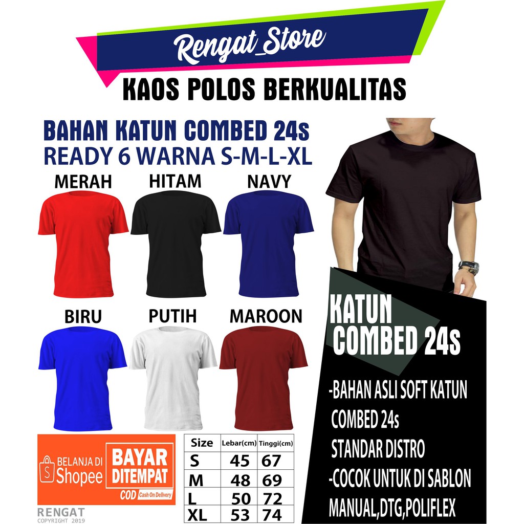  KAOS  POLOS  OBLONG LENGAN PENDEK KATUN  COMBED  24s  S M L XL 