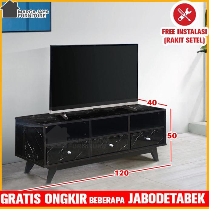 Meja Tv Motif Marmer Hitam Minimalis Credenza Bufet Marble Console - Hitam Nainaibun