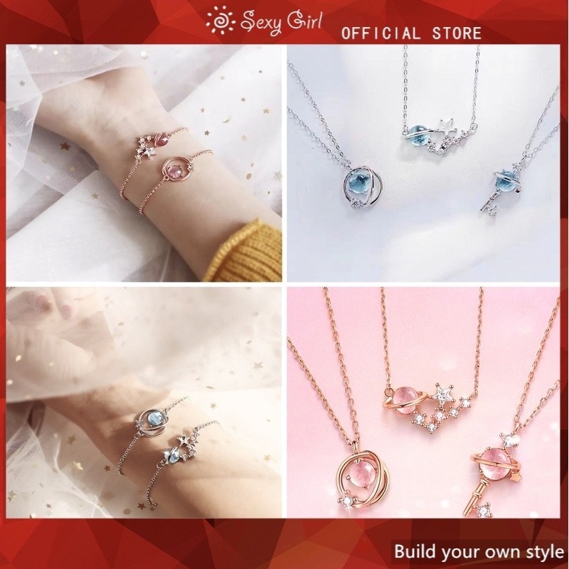 Kalung Rantai Liontin Batu Permata Kristal Warna Pink Dan Biru Gaya Korea Untuk Wanita