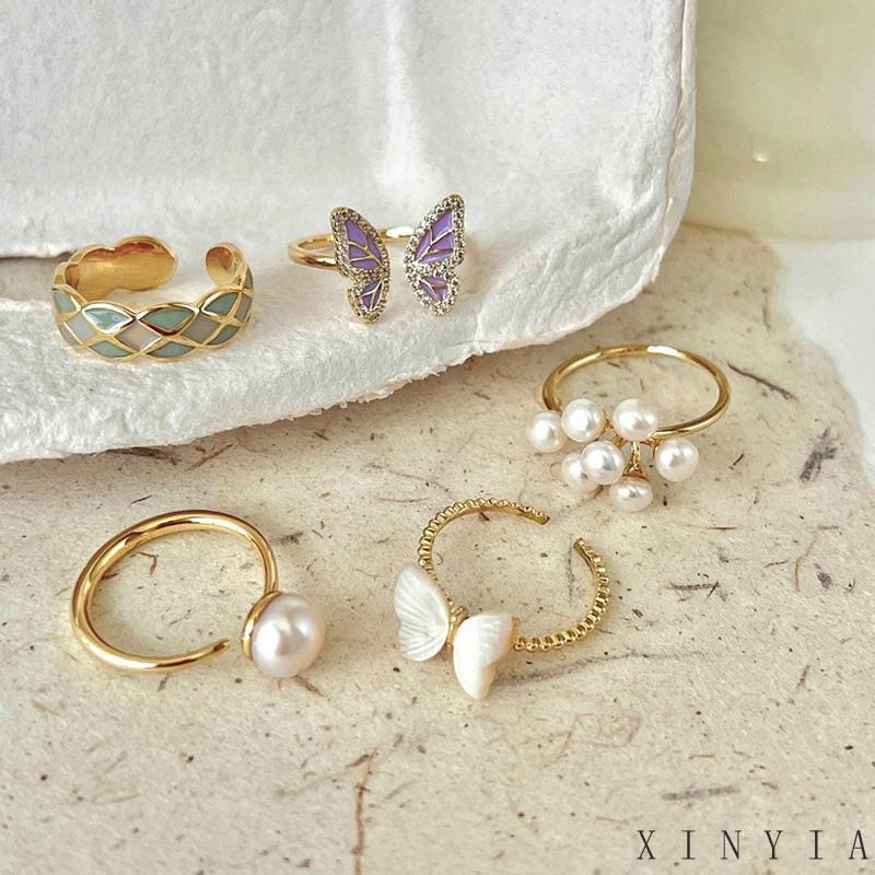 【Bayar di tempat】Niche Cincin Unik Mutiara kelas atas-Won Butterfly Cincin Desain Kupu-Kupu Aksen Mutiara Untuk Wanita