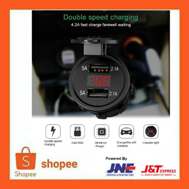 USB Charger Cas HP Handphone Fast Charging di Motor 2 Port 4.2A with LED Display Voltmeter - USB Cas