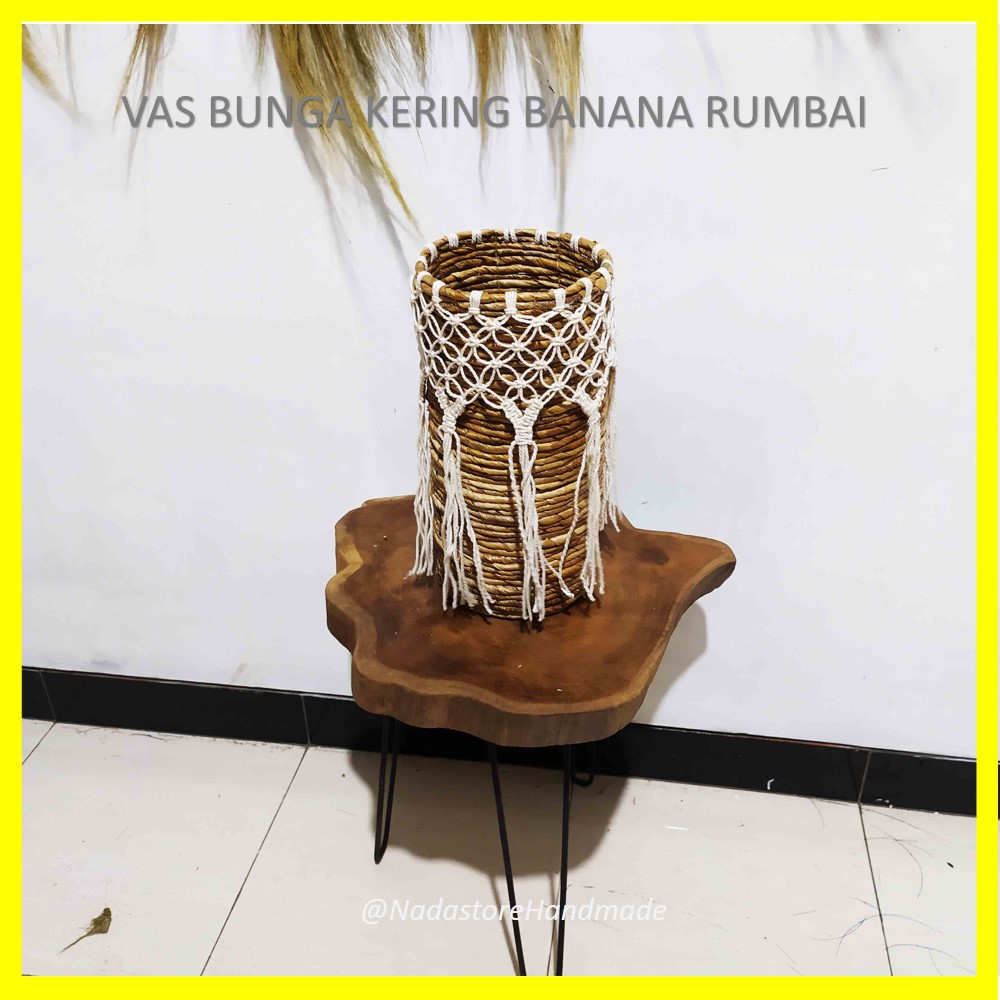 VAS BUNGA KERING / BEJANA / POT BUNGA KERING BANANA MACRAME RAJUT PUTIH