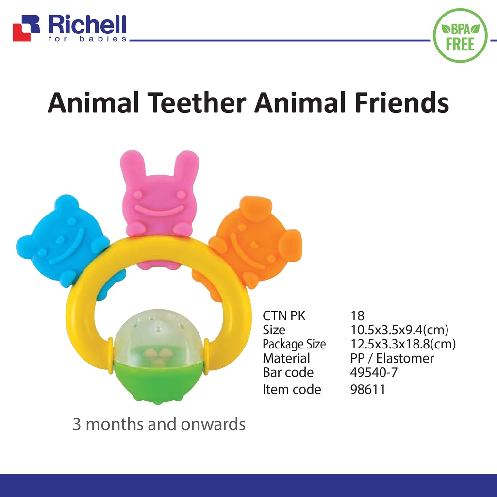 RICHELL Animal Friend Teether Gigitan Bayi Rattle Mainan Gigitan Bayi Rattle Cikarang