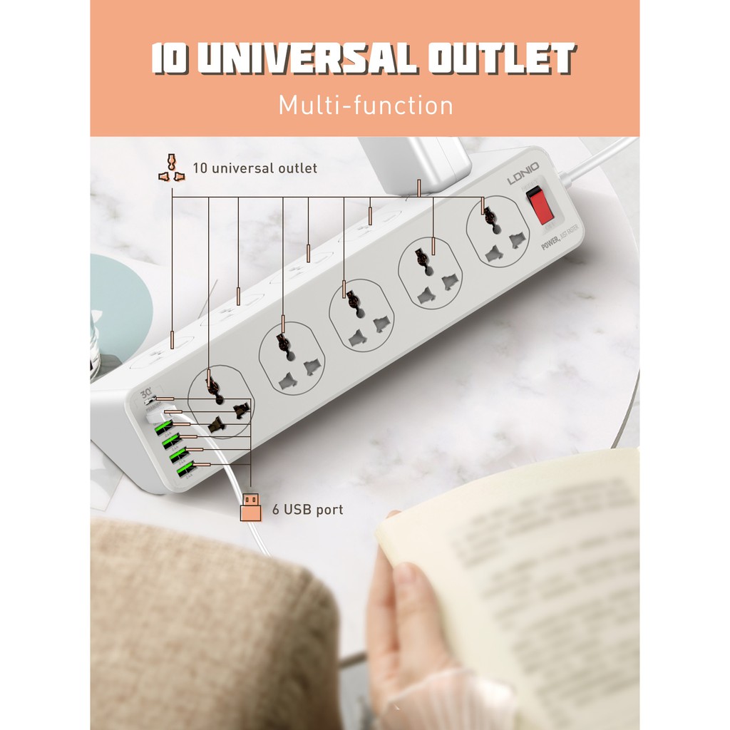 LDNIO SC10610 - Extension 10 Socket Plug + 6 USB Port 30W Max - Colokan Listrik Stop Kontak 10 Lubang &amp; 6 Port USB