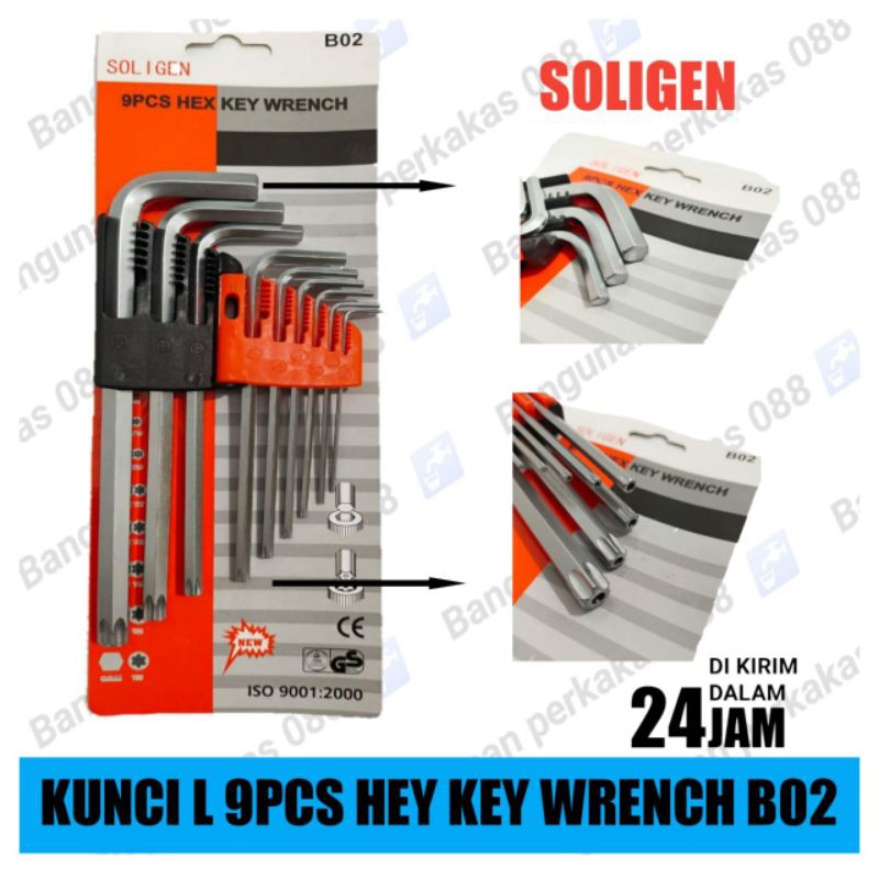 KUNCI L SOLIGEN 9 PCS B02 / UKURAN COMBINASI / KUNCI L SET MURAH BAGUS