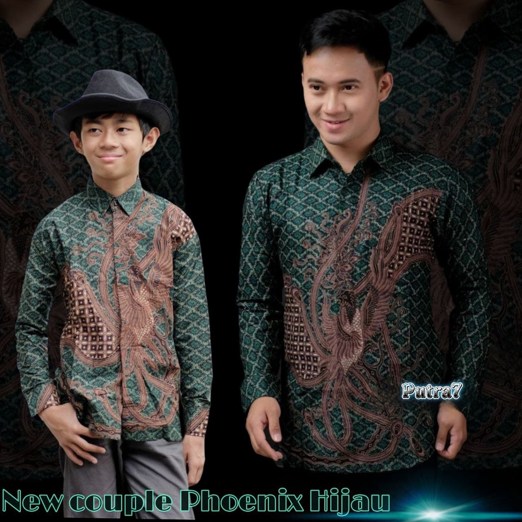 Kemeja Batik Ayah Dan Anak Laki-laki Lengan Panjang Motif Phoenix Hijau Warna Dasar Hijau // Couple 