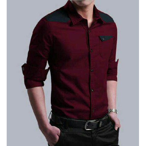 [Hem lie varian warna OT] kemeja pria katun stretch ABU/MAROON/HITAM