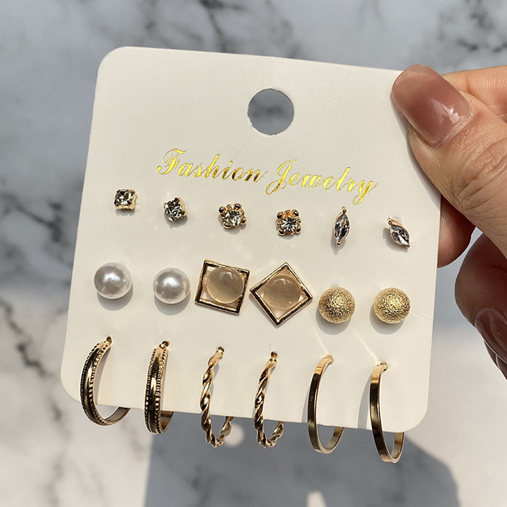 9 Pasang / Set Anting Mutiara Berlian Imitasi Bentuk Geometris Je