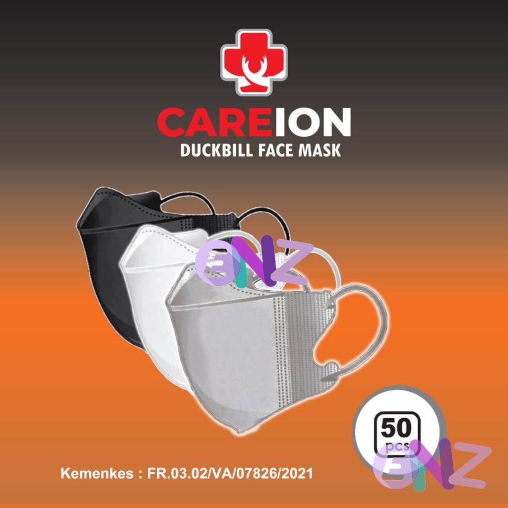 ENZ ® Masker Duckbill CAREION 3Ply isi 50Pcs Putih Hitam Warna Duckbill Earloop Mask Kemenkes 1076