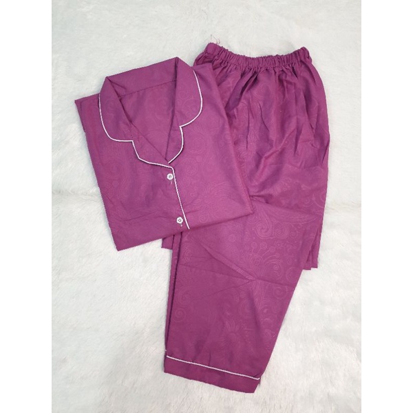 Baju Tidur Piyama Pajamas Wanita/Cewek Satin Silky Velvet Cantik Simple Wanita Dewasa Full Kancing-CP EMBOS UNGU