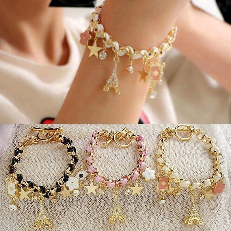 Gelang Kaki Bahan Kulit Motif Menara Eiffel / Bintang / Bunga / Hati Gaya Korea Untuk Wanita