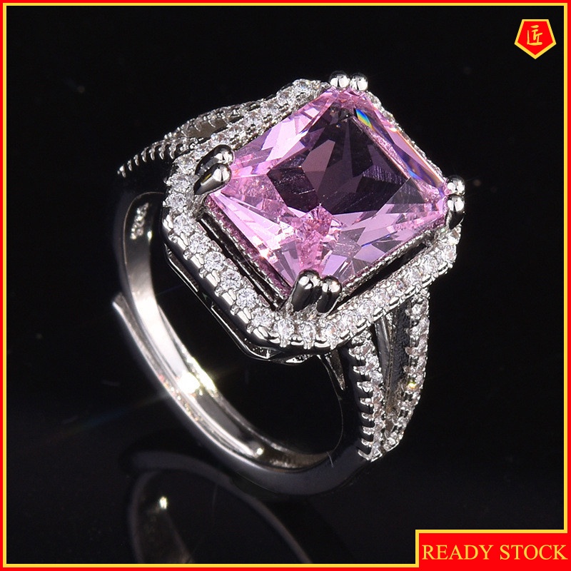 [Ready Stock]High-End Luxury Elegant Rectangular Pink Tourmaline Open Ring