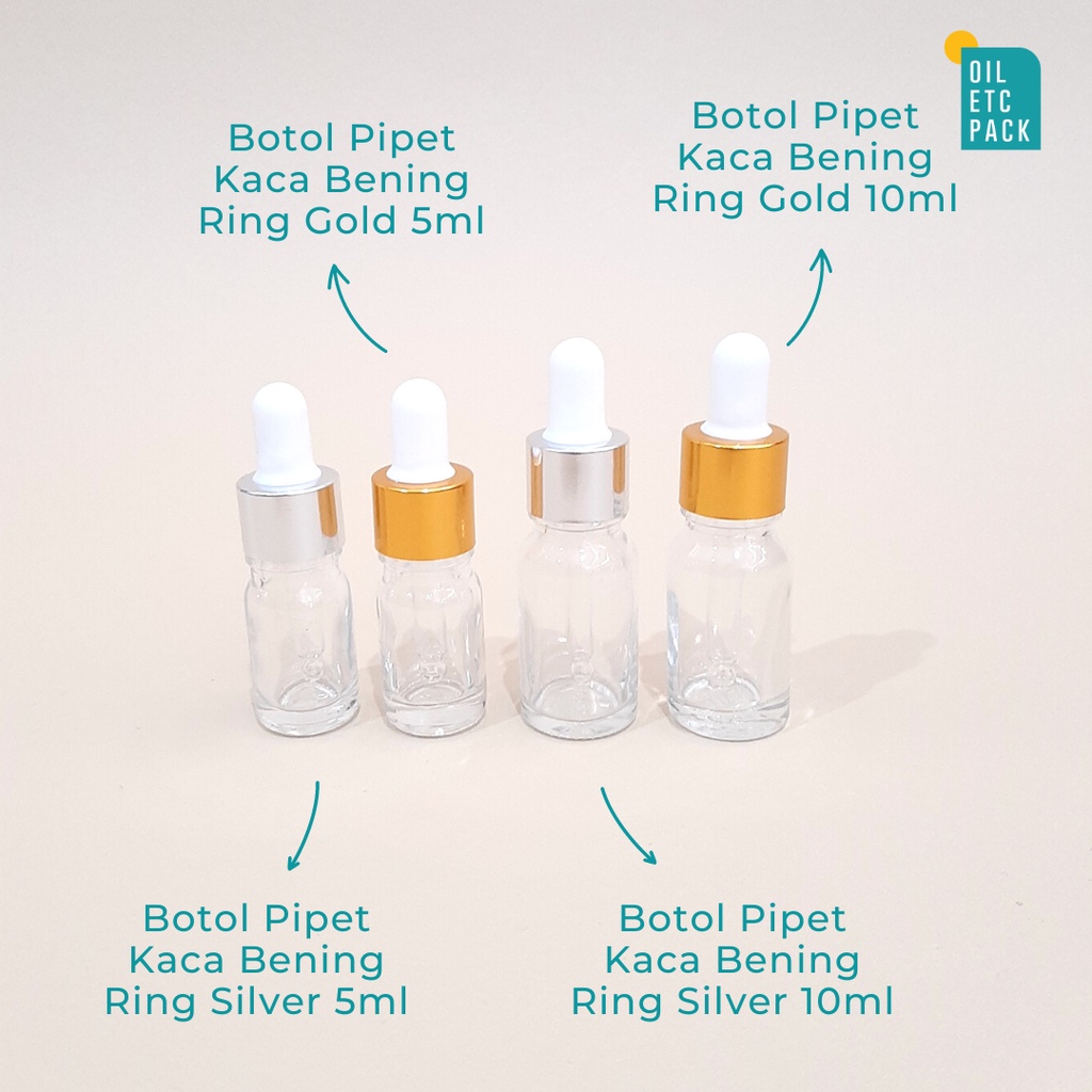 Botol Pipet Dropper Kaca Mini Clear Ring Silver &amp; Gold 5ml Tebal / Wadah Kosong Refill Serum &amp; Parfum &amp; Oil &amp; Tetes Mata &amp; Propolis / Travel Kit Murah