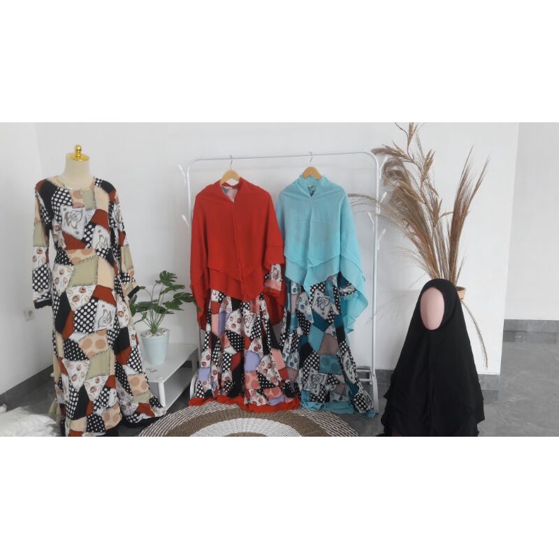 Baju gamis terusan syar'i plus hijab motif bunga S014