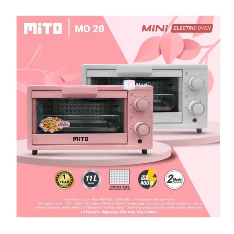 Oven Mini Mito MO 20 Kapasitas 11 Liter Oven Mito Oven Kecil Listrik Oven Panggangan Oven Pink Putih